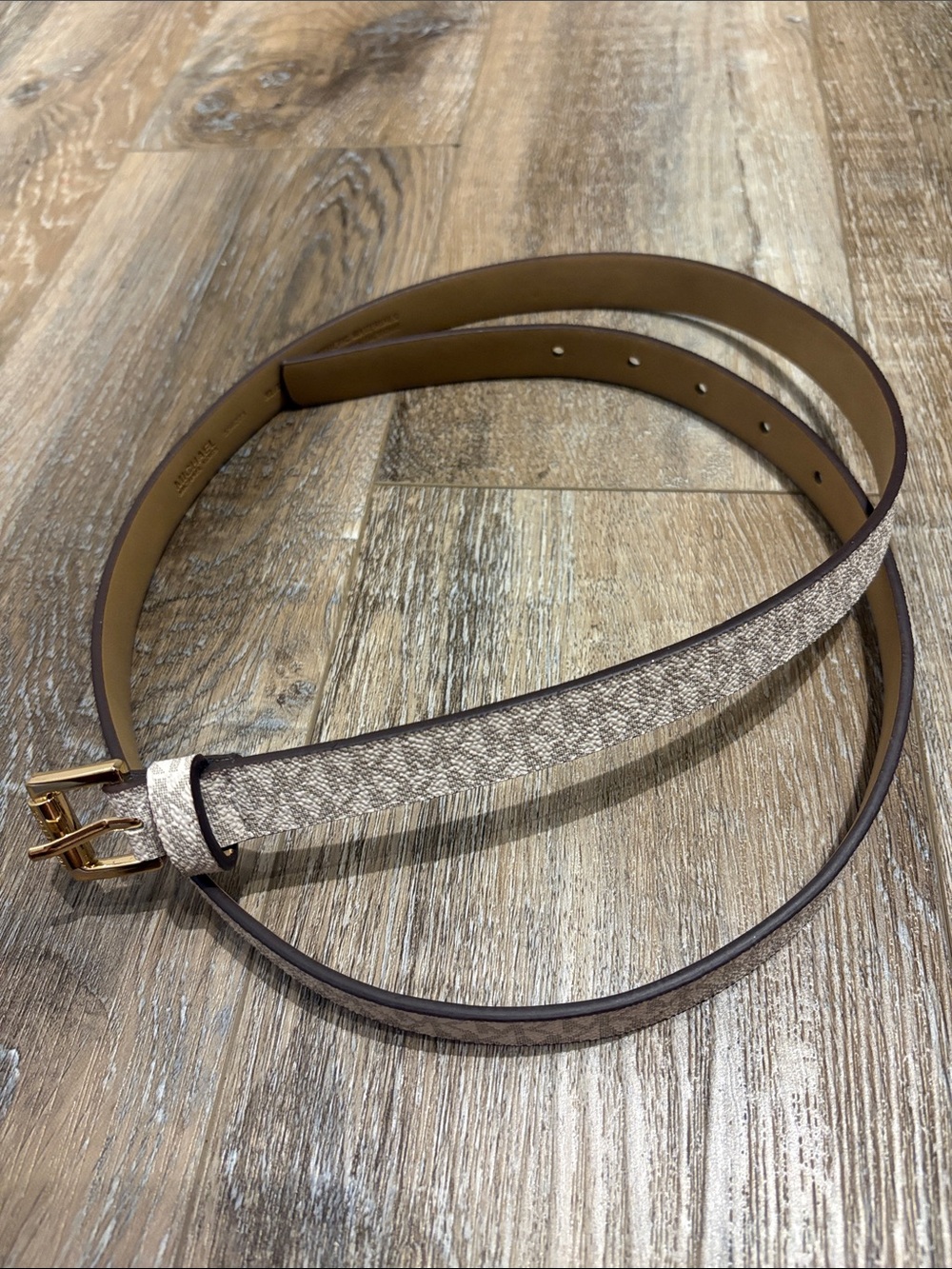 Michael Kors Beige Signature Monogram Belt with Gold Buckle